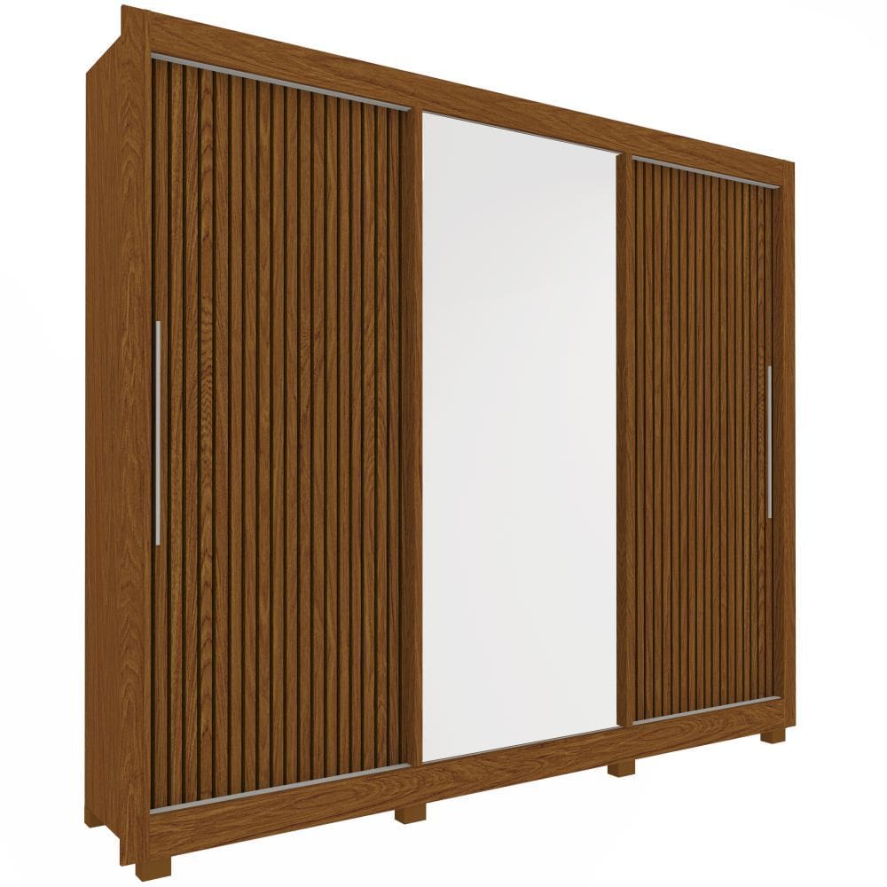 Guarda Roupas casal Gelius Royale 3 portas de correr com impressão 3D com espelho e 04 gavetas Castanho