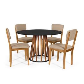 Mesa de Jantar Redonda Gabi Nat/Pret com 4 Cadeiras Estofadas Ella Bege