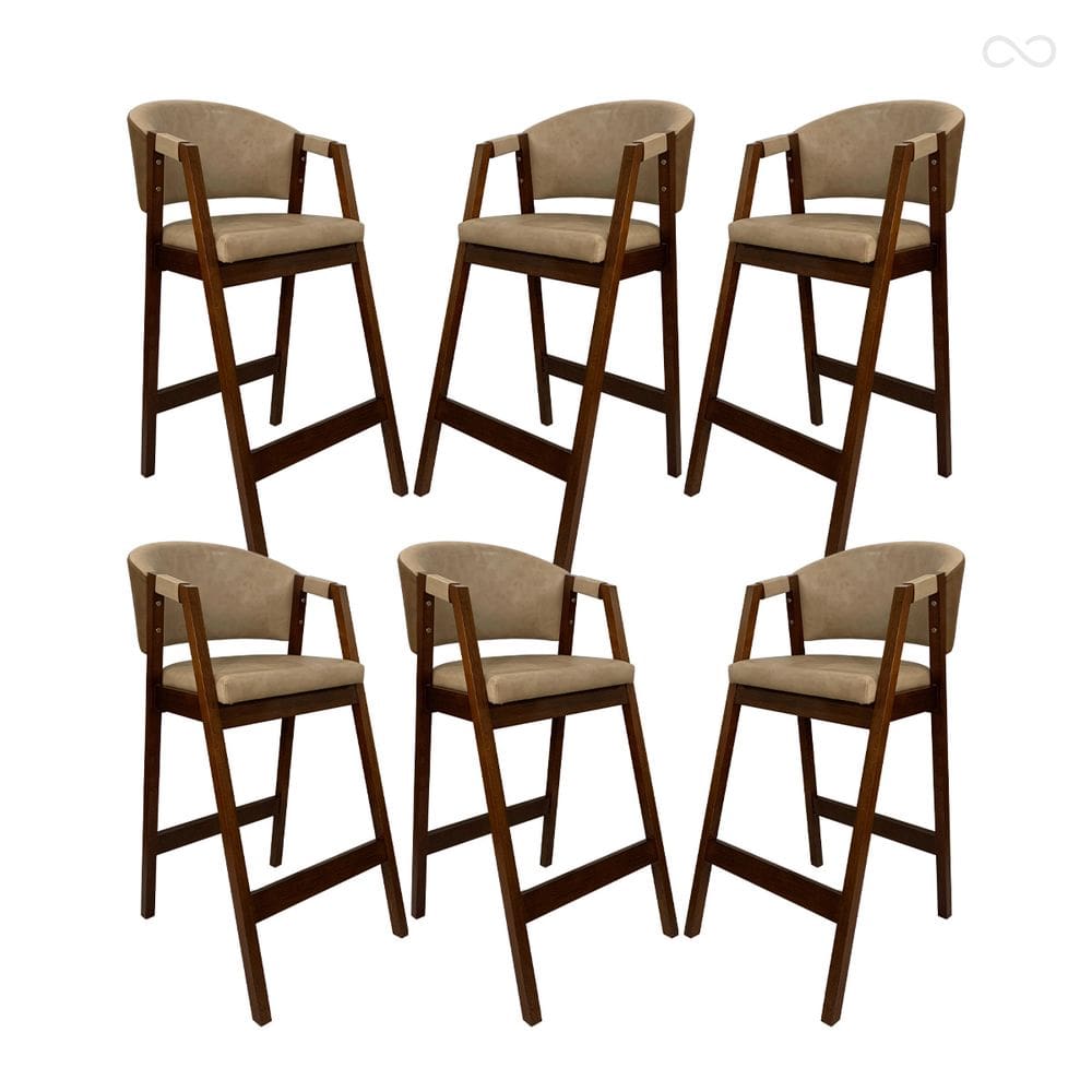 Kit 6 Banquetas Alta para Cozinha Ravena em Madeira Maciça Capuccino Sintético Bege Marrom CCS