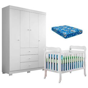 Berço Americano Lila e Guarda Roupa Duda 4 Portas Branco Brilho com Colchão Ortobom – Phoenix Baby