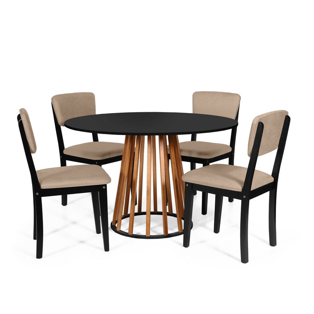 Mesa de Jantar Redonda Gabi Nat/Pret com 4 Cadeiras Estofadas Ella Preto/Marrom Claro