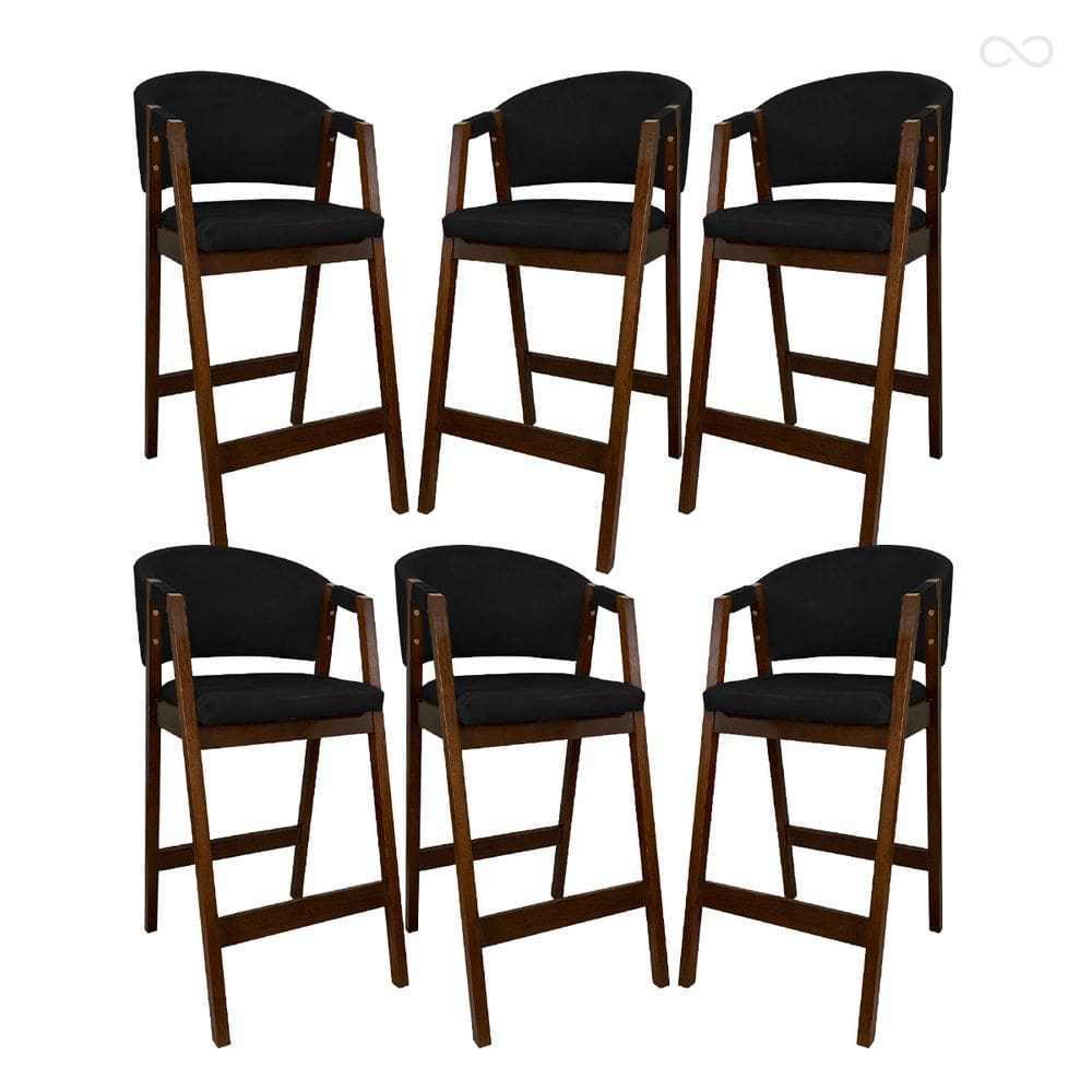 Kit 6 Banquetas Alta para Cozinha Ravena em Madeira Maciça Pinhão Sintético Preto CCS