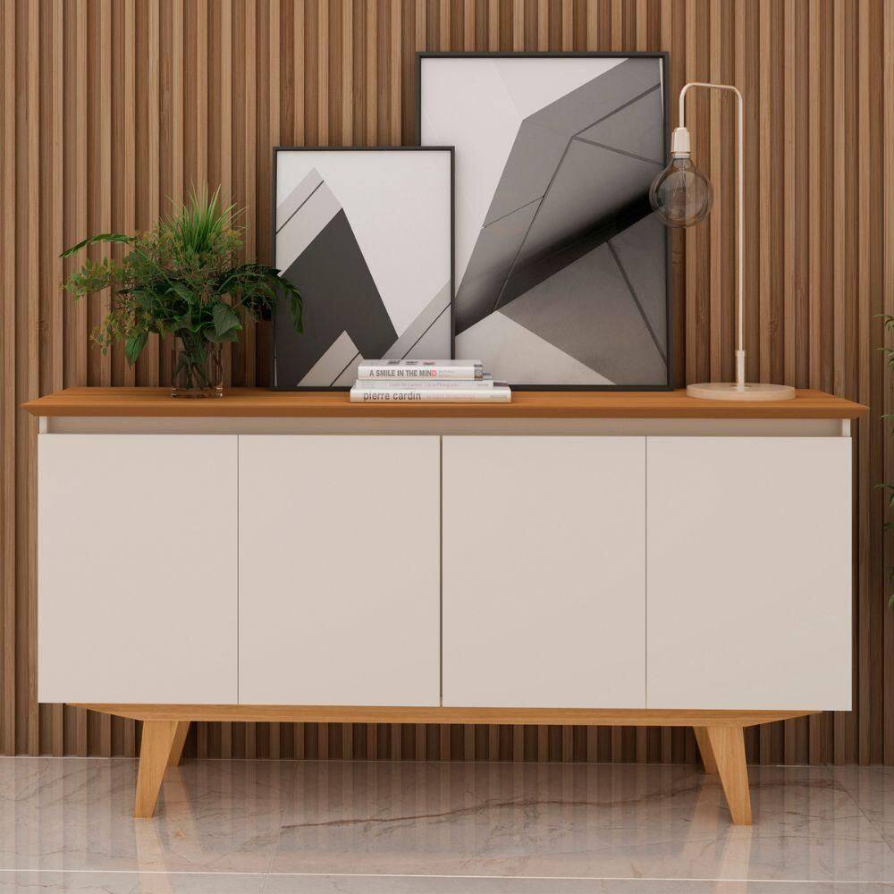 Buffet 4 portas para Sala de Jantar MDF com Pés em Madeira Maciça Perola Camaru Martina Shop JM - Bege
