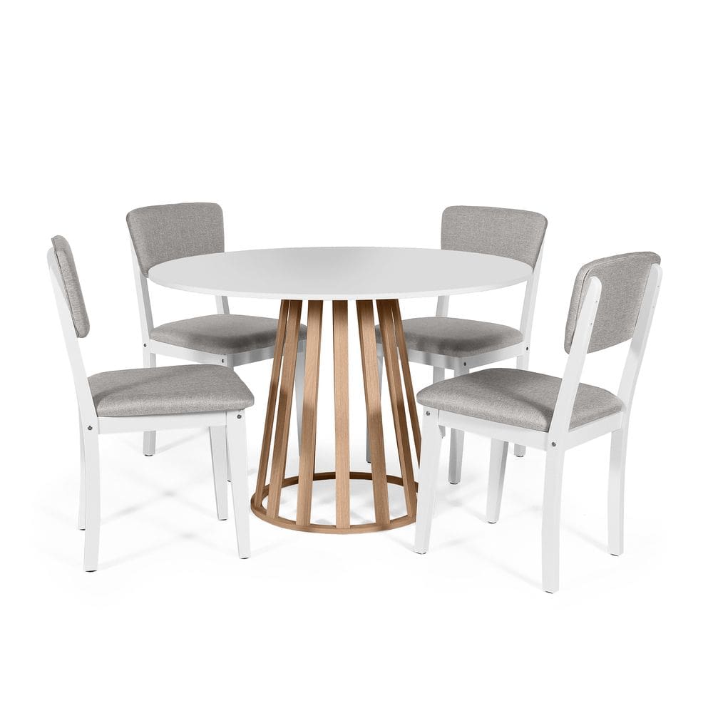 Mesa de Jantar Redonda Gabi Bran/Jade com 4 Cadeiras Estofadas Ella Branco/Cinza Claro