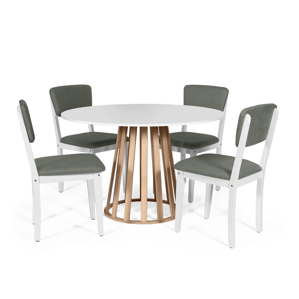 Mesa de Jantar Redonda Gabi Bran/Jade com 4 Cadeiras Estofadas Ella Branco/Cinza