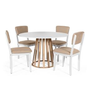 Mesa de Jantar Redonda Gabi Bran/Jade com 4 Cadeiras Estofadas Ella Branco/Bege
