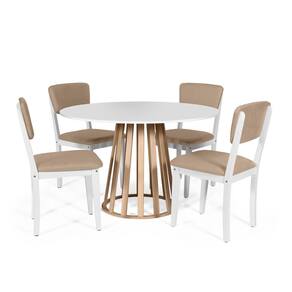Mesa de Jantar Redonda Gabi Bran/Jade com 4 Cadeiras Estofadas Ella Branco/Marrom Claro