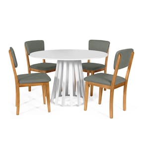 Mesa de Jantar Redonda Gabi Branca com 4 Cadeiras Estofadas Ella Cinza
