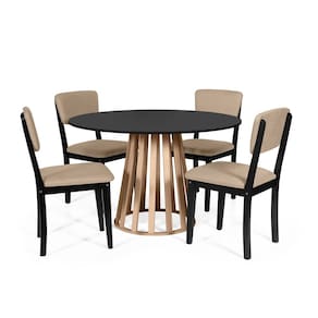 Mesa de Jantar Redonda Gabi Pret/Jade com 4 Cadeiras Estofadas Ella Preto/Bege