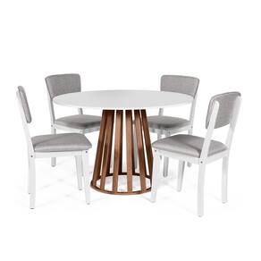 Mesa de Jantar Redonda Gabi Bran/Nor com 4 Cadeiras Estofadas Ella Branco/Cinza