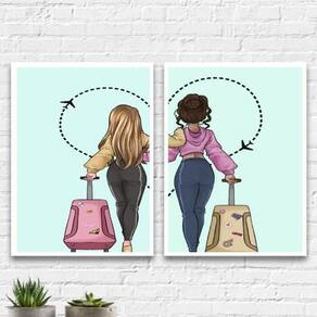 Kit 2 Quadros Melhores Amigas Viajantes 24X18Cm Vidro Branca