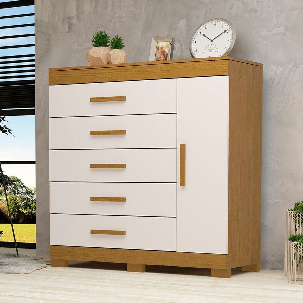 Cômoda 1 Porta 5 Gavetas 100% MDF Miosótis Espresso Móveis Cinamomo/Off White