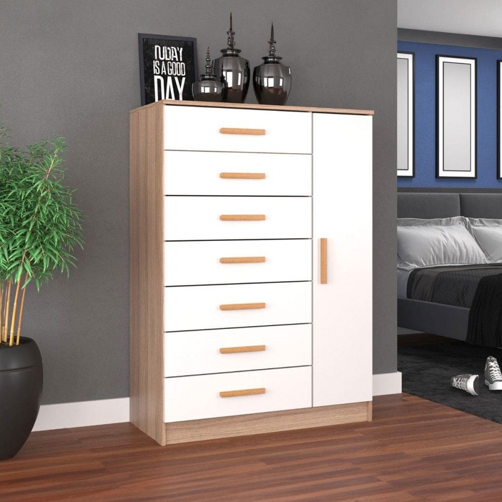 Cômoda New Mônaco 1 Porta 7 Gavetas Demolição/Branco - Evidência Móveis