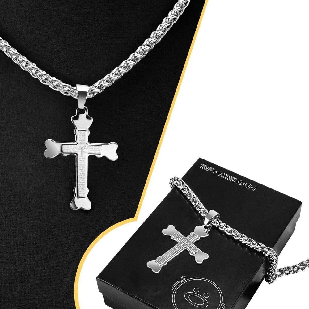 Caixa + Pingente Pai Nosso Cruz + Cordão Aço Inox Prata