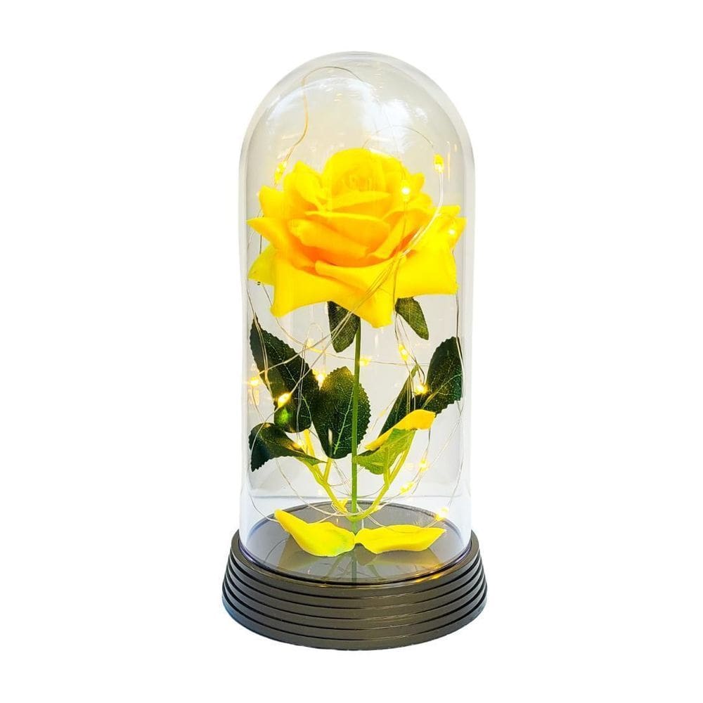Luminária a rosa encantada amarela 20 cm base ouro quente