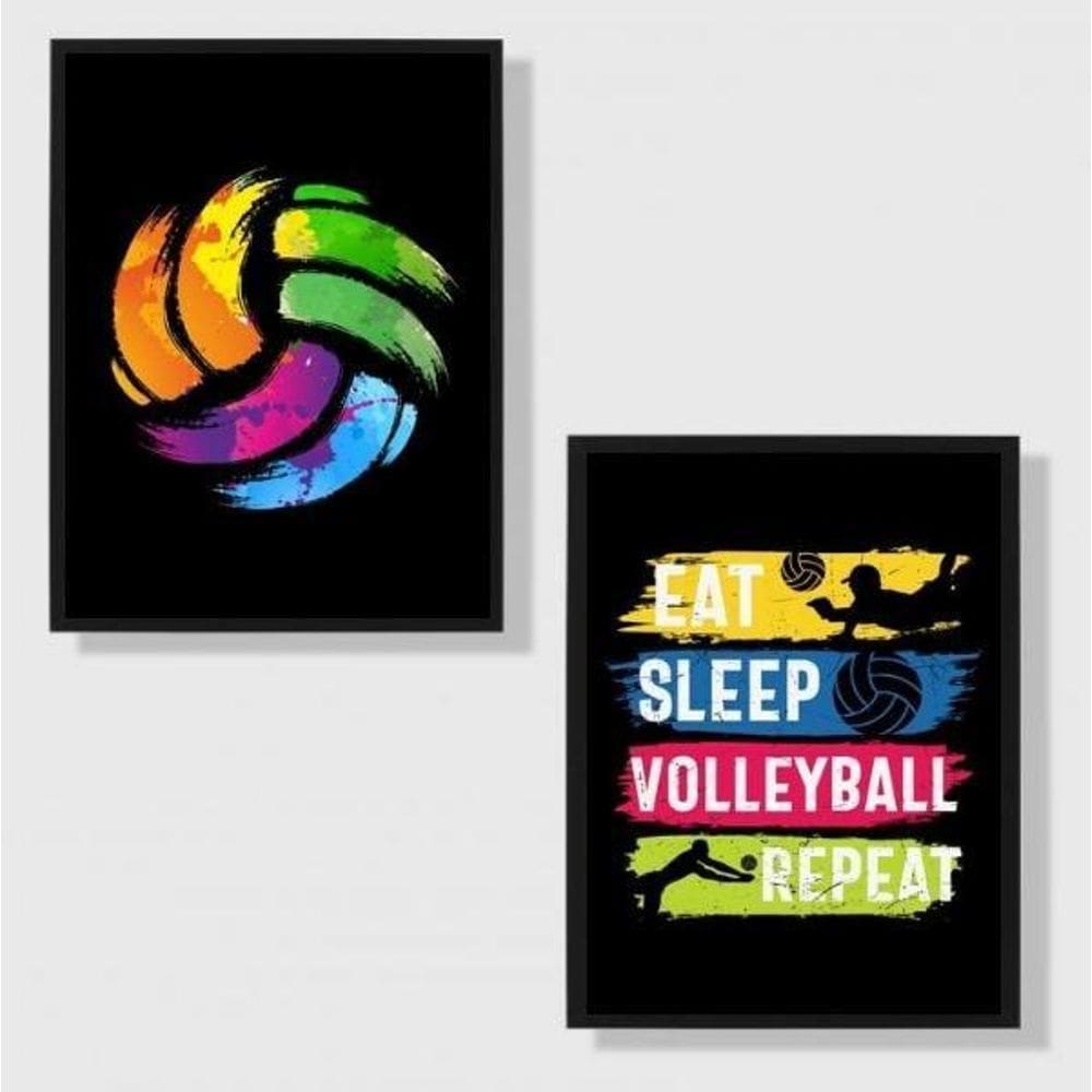 Kit 2 Quadros Volleyball Colorido 33X24Cm - Com Vidro Preta