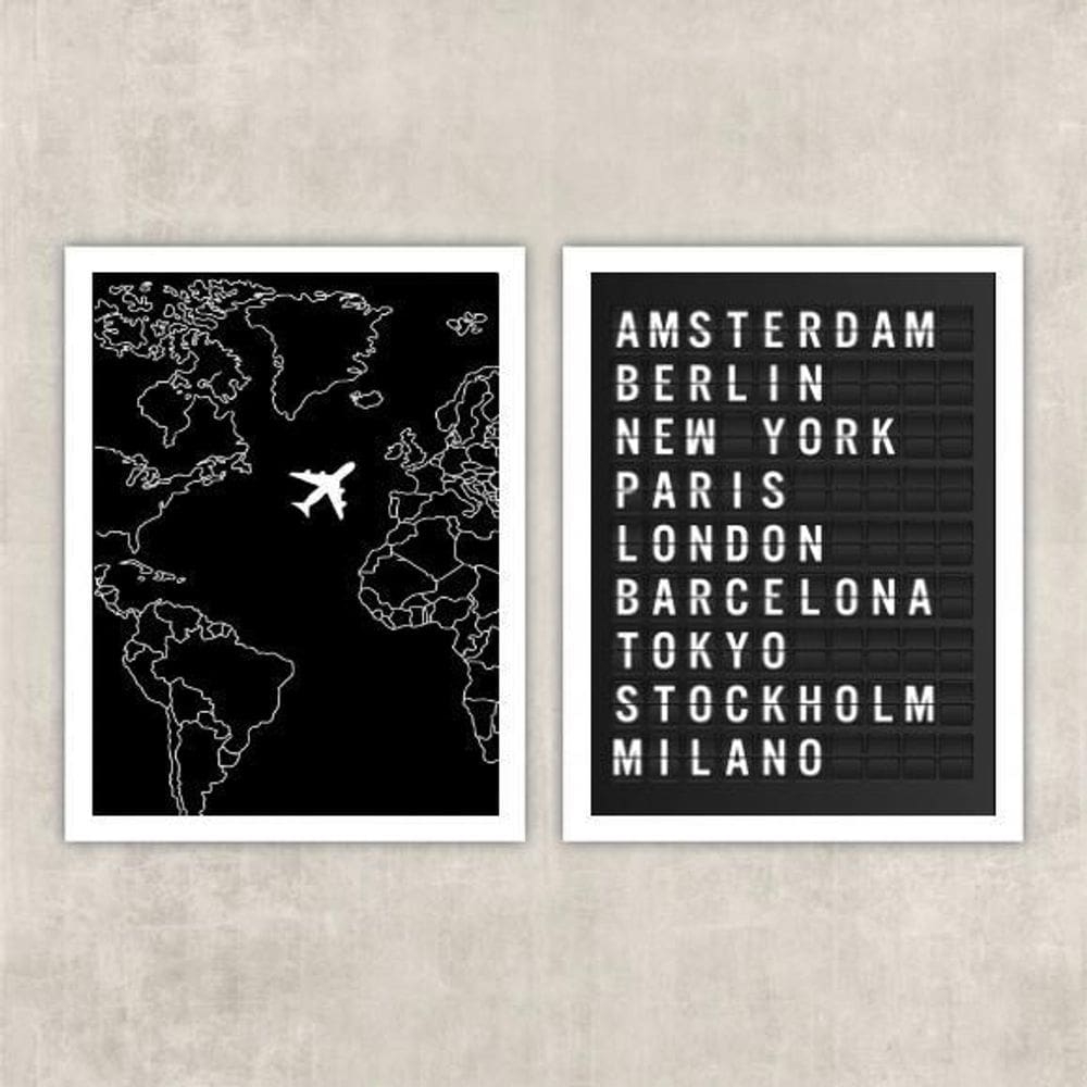 Kit 2 Quadros Viagem Placa De Aeroporto 45X34Cm - Com Vidro