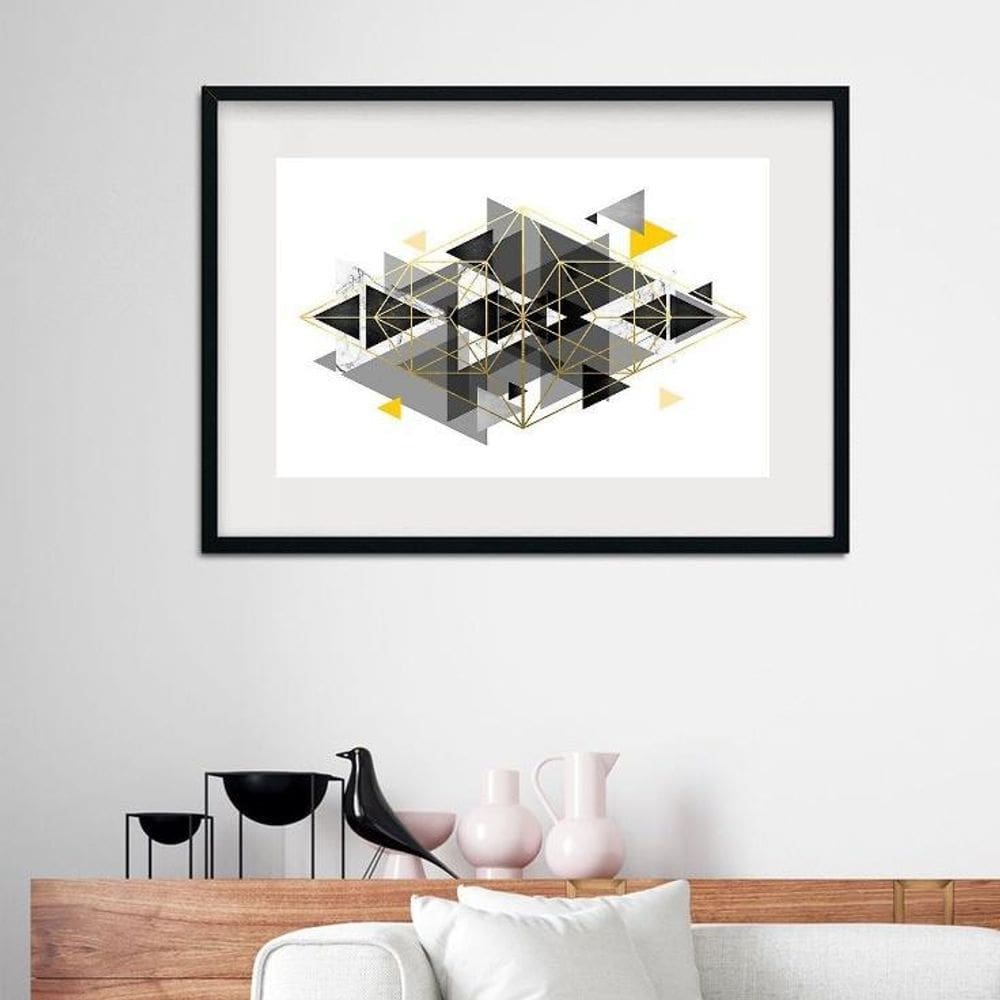 Quadro Geométrico Suave Cinza E Amarelo - 60X48Cm