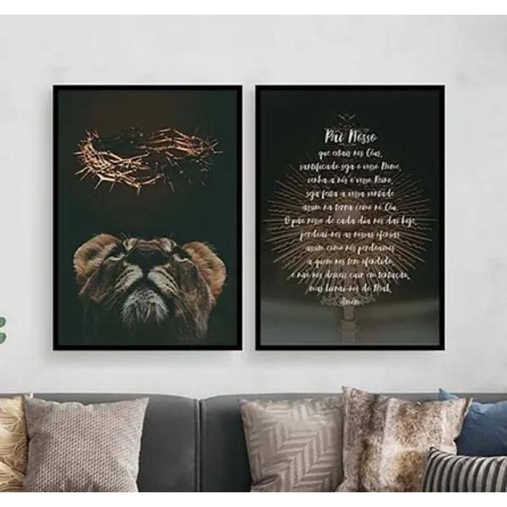 Kit 2 Quadros Oração Pai Nosso Leão 45X34Cm Preta