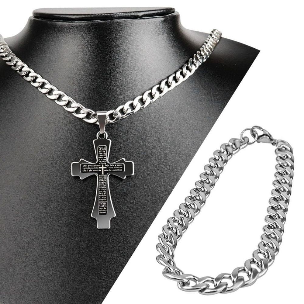 Cordão Aço Inox Prata + Pingente Cruz Pai Nosso + Pulseira