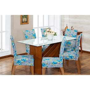 Kit 4 Capas de Cadeira de Jantar Estofada Malha Gel que Estica com Elástico Estampa 3 Floral Azul