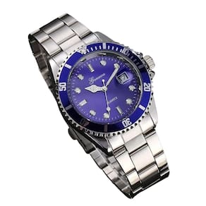 Relógio masculino prata luxo azul com caixa