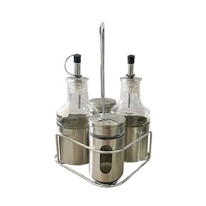 Galheteiro 4 Peças C/suporte Aço Inox Vidro Azeite Vinagre Sal