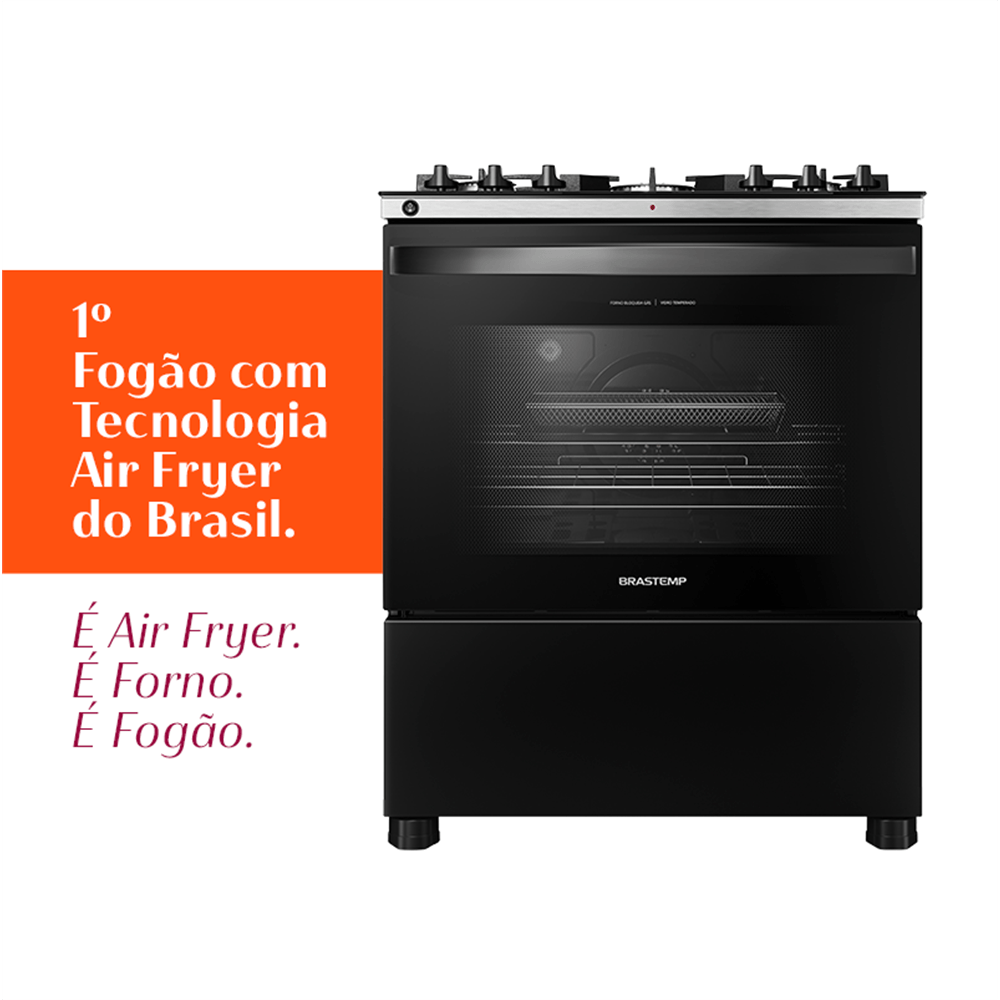 Fogão Brastemp 5 Bocas Preto Com Mesa de Vidro, Função Air Fryer e Turbo Chama - BFS5LAE