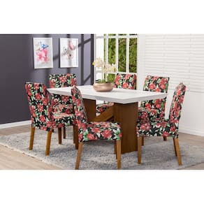 Kit 4 Capas de Cadeira de Jantar Estofada Malha Gel que Estica com Elástico Estampa 21 Floral Vermelho Preto