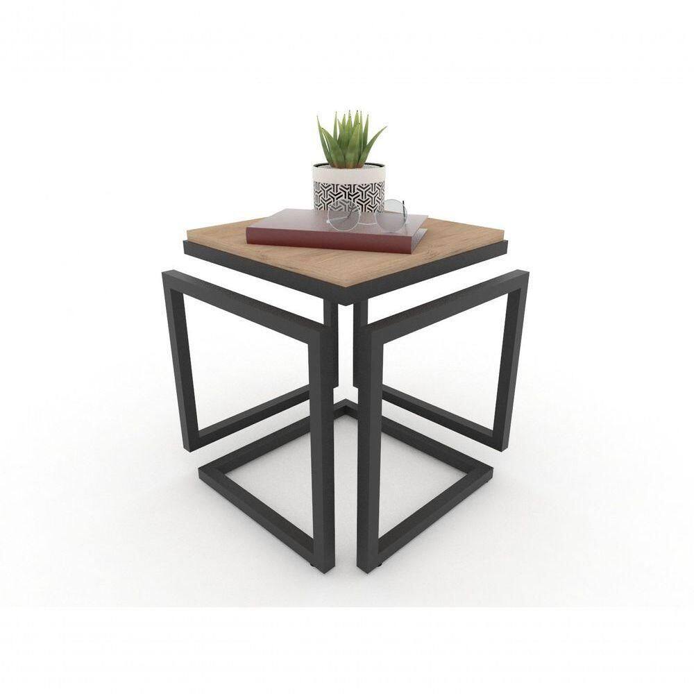 Mesa Lateral Cubo Metalon Preto Carvalho Mel - 40cm