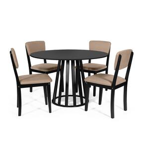 Mesa de Jantar Redonda Gabi Preta com 4 Cadeiras Estofadas Ella Preto/Marrom Claro
