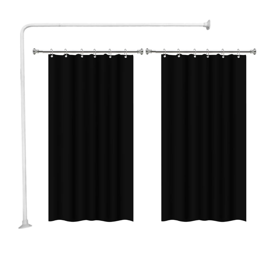 Kit Varao em L Suporte haste Banheiro Box BRANCO 100X100cm + 2 Cortina Box LISA - PRETA