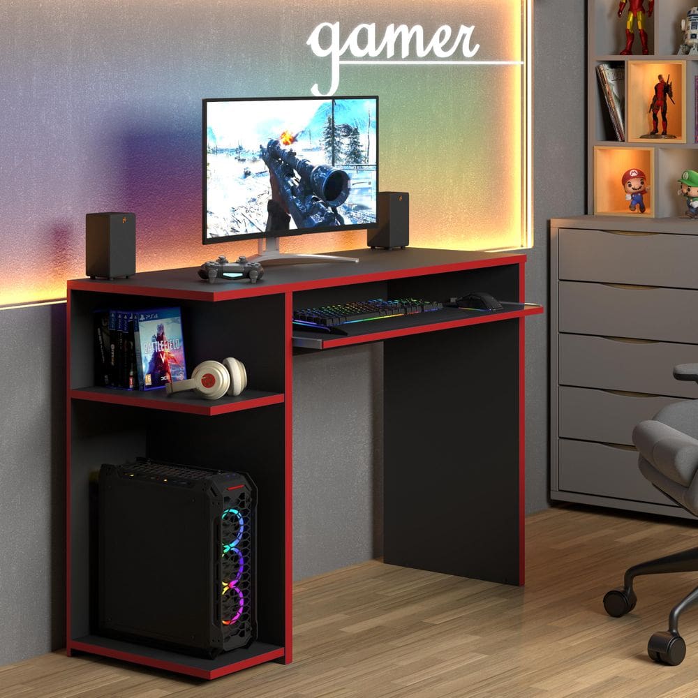 Escrivaninha Gamer Para Computador Com Prateleira E Espaço Para Teclado - JM
