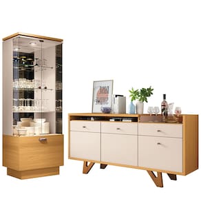 Kit Aparador Buffet 160cm cm Cristaleira para Sala de Estar Luminara H01 Off White - Cinamomo Clique Chique