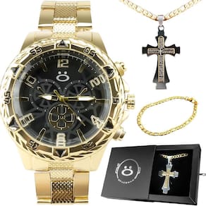 Kit relógio masculino aço analógico crucifixo - marca orizom