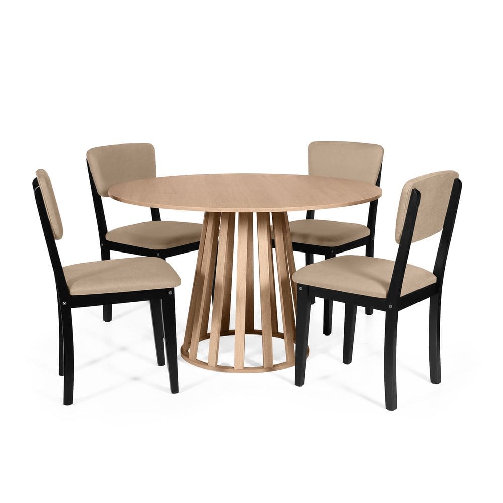 Mesa de Jantar Redonda Gabi Jade com 4 Cadeiras Estofadas Ella Preto/Bege