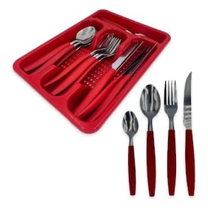 Jogo Faqueiro 25 Peças Vermelho Inox Com Gaveteiro Fratelli