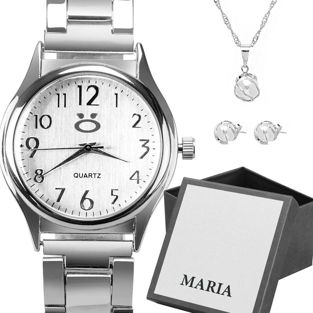 Relogio Feminino Prata Aço Inox + Colar Brincos + Caixa