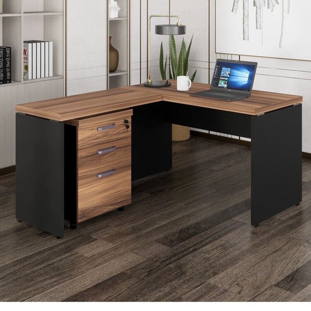 Mesa de Escritório  em L + Gaveteiro Marrom/Preto