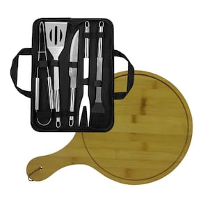 Kit Utensílios E Faca De Churrasco + Tábua De Corte Bambu