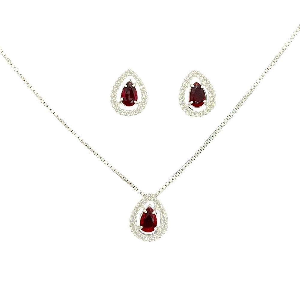 Conjunto prata 925 brinco e colar gota moldura cravejado
