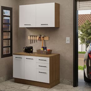Kit com Balcão e Armário Aéreo Multiuso 120cm Rustic/Branco Agata Madesa