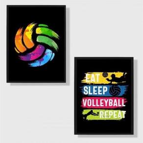 Kit 2 Quadros Volleyball Colorido 33X24Cm Preta
