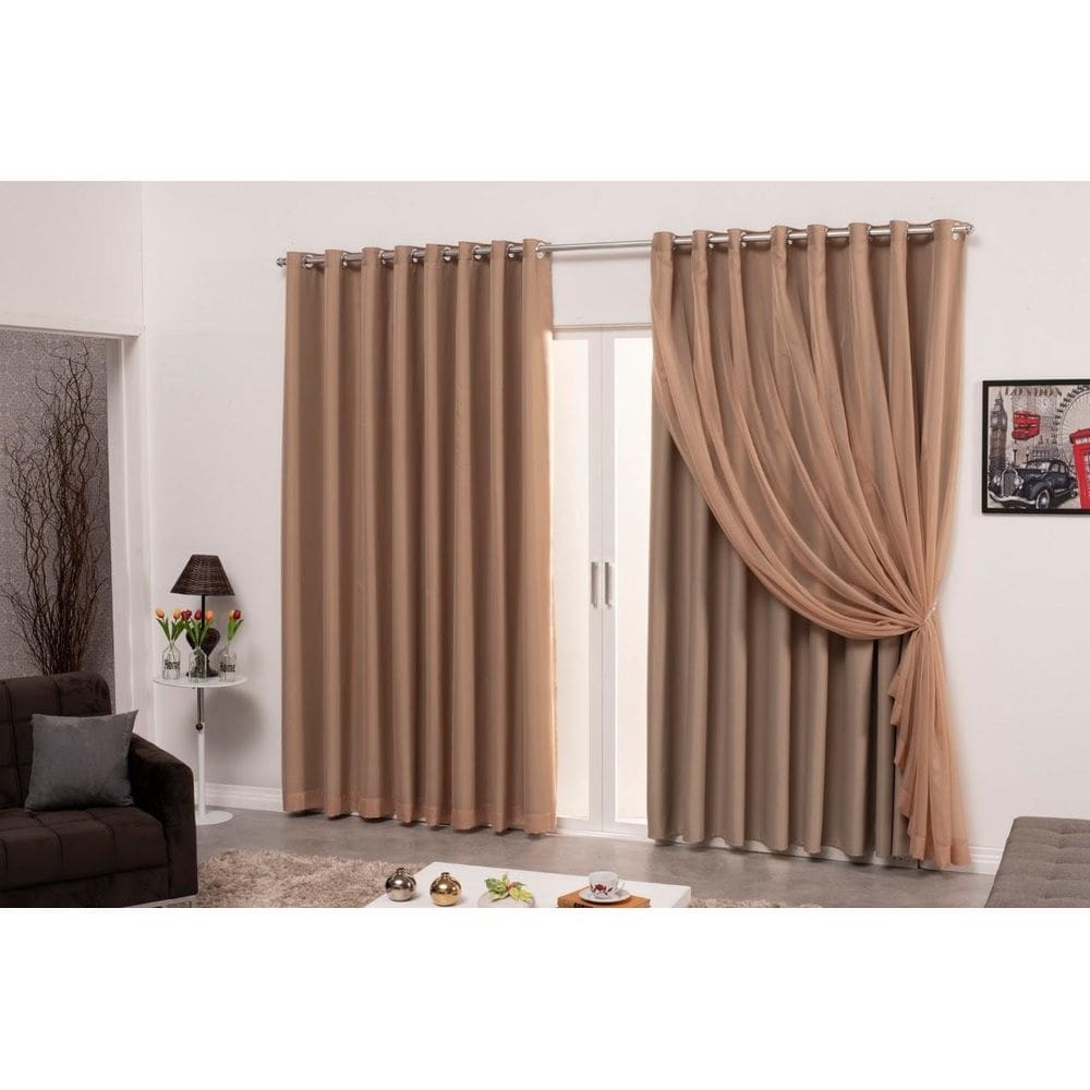 Cortina blecaute tecido 3,00x2,70 com voil sala quarto avelã