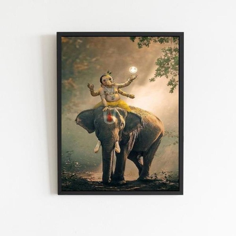 Quadro Lord Ganesha Elefante 45X34Cm - Com Vidro Preta