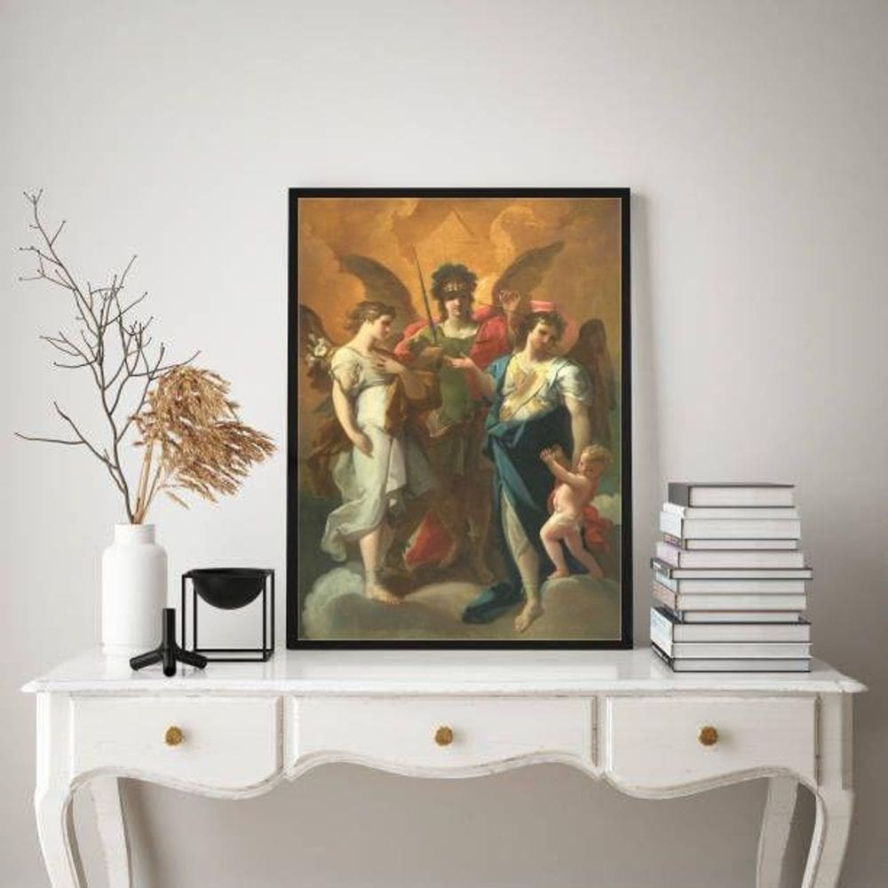 Quadro sacro três arcanjos 33x24cm moldura branca