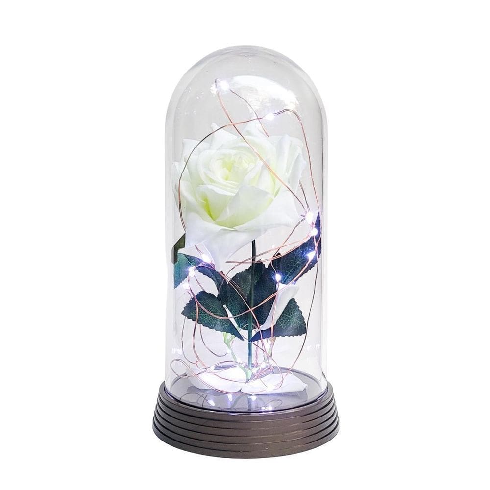 Luminária a rosa encantada branca 20 cm base ouro frio