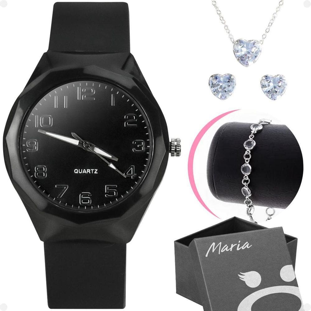 Caixa + Relogio Feminino Aço Prova Dagua + Colar Brinco
