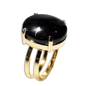 Anel Turmalina Preta Cabochão Oval Dourado Ajustável Tipo A