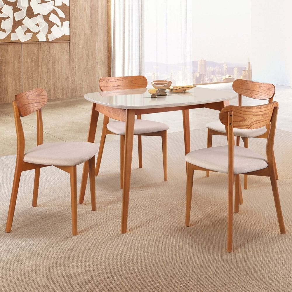 Conjunto Sala de Jantar Mesa 110x80cm Tampo em MDF Laqueado com Vidro Laqueado 4 Cadeiras Ceci Yescasa Naturalissimo/Laca off White